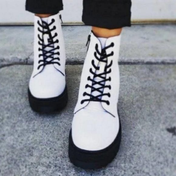 !! RESTOCKED !! White Vegan Leather Lace Up Combat Boots - Picture 8 of 11